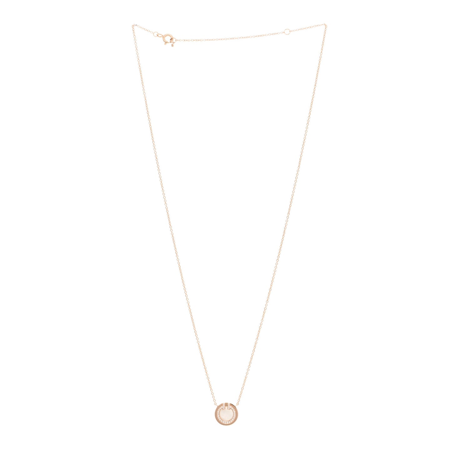 18K Rose Gold Diamond Mother of Pearl Small T Circle Pendant Necklace
