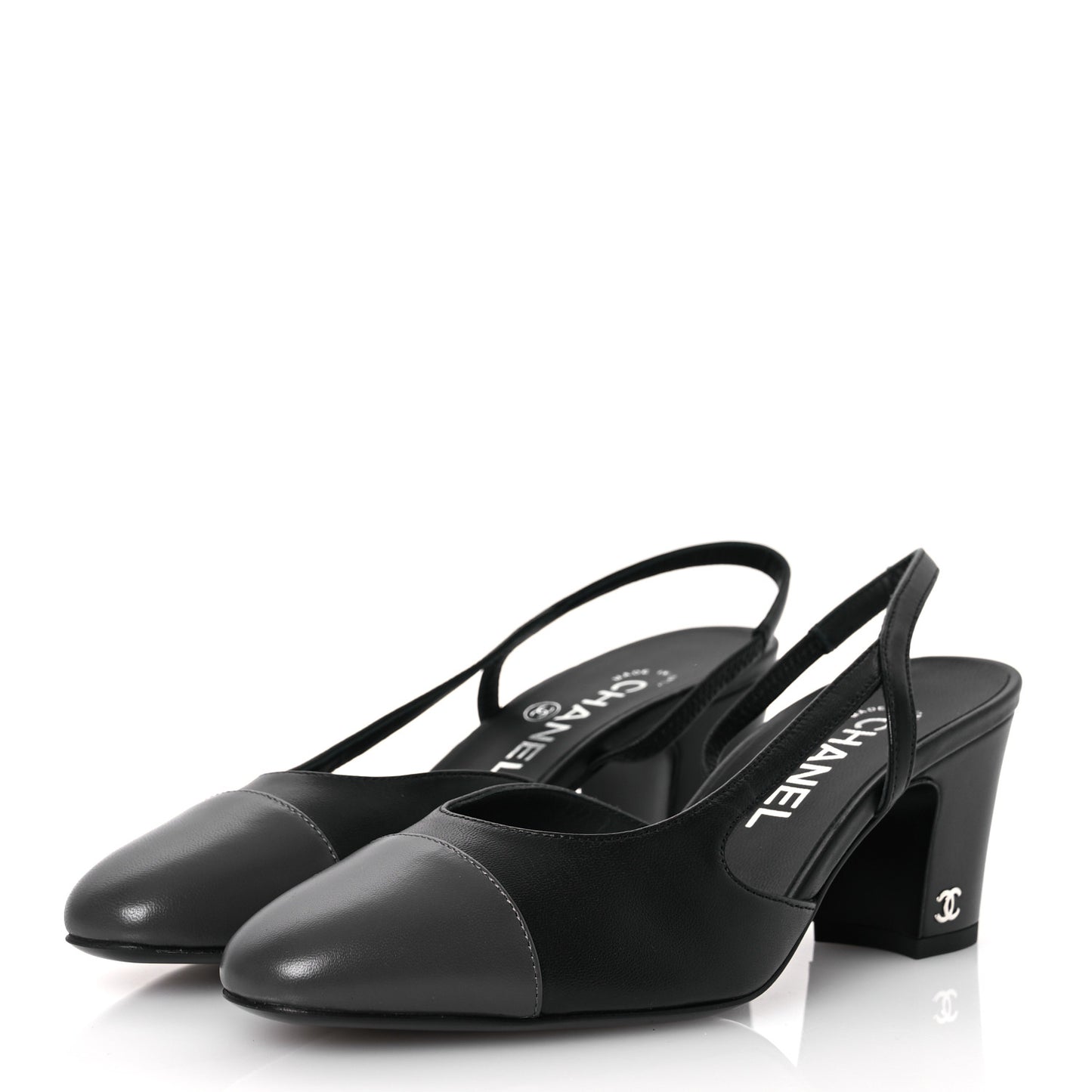 Lambskin Cap Toe CC Slingback Sandals 37 Black Dark Grey