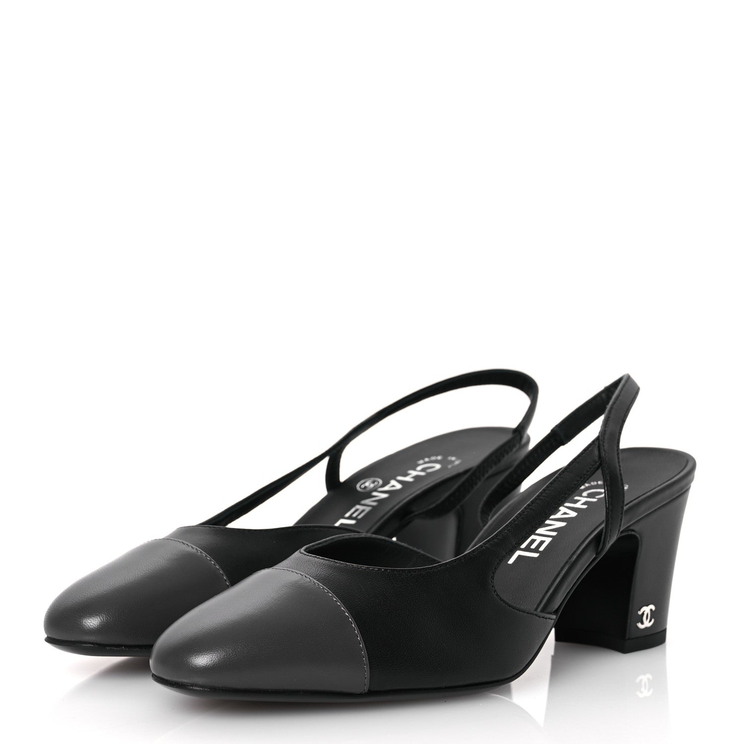 Chanel Lambskin Cap Toe CC Slingback Sandals 37 Black Dark Grey 4 of 11