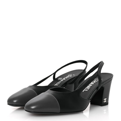 Chanel Lambskin Cap Toe CC Slingback Sandals 37 Black Dark Grey 4 of 11