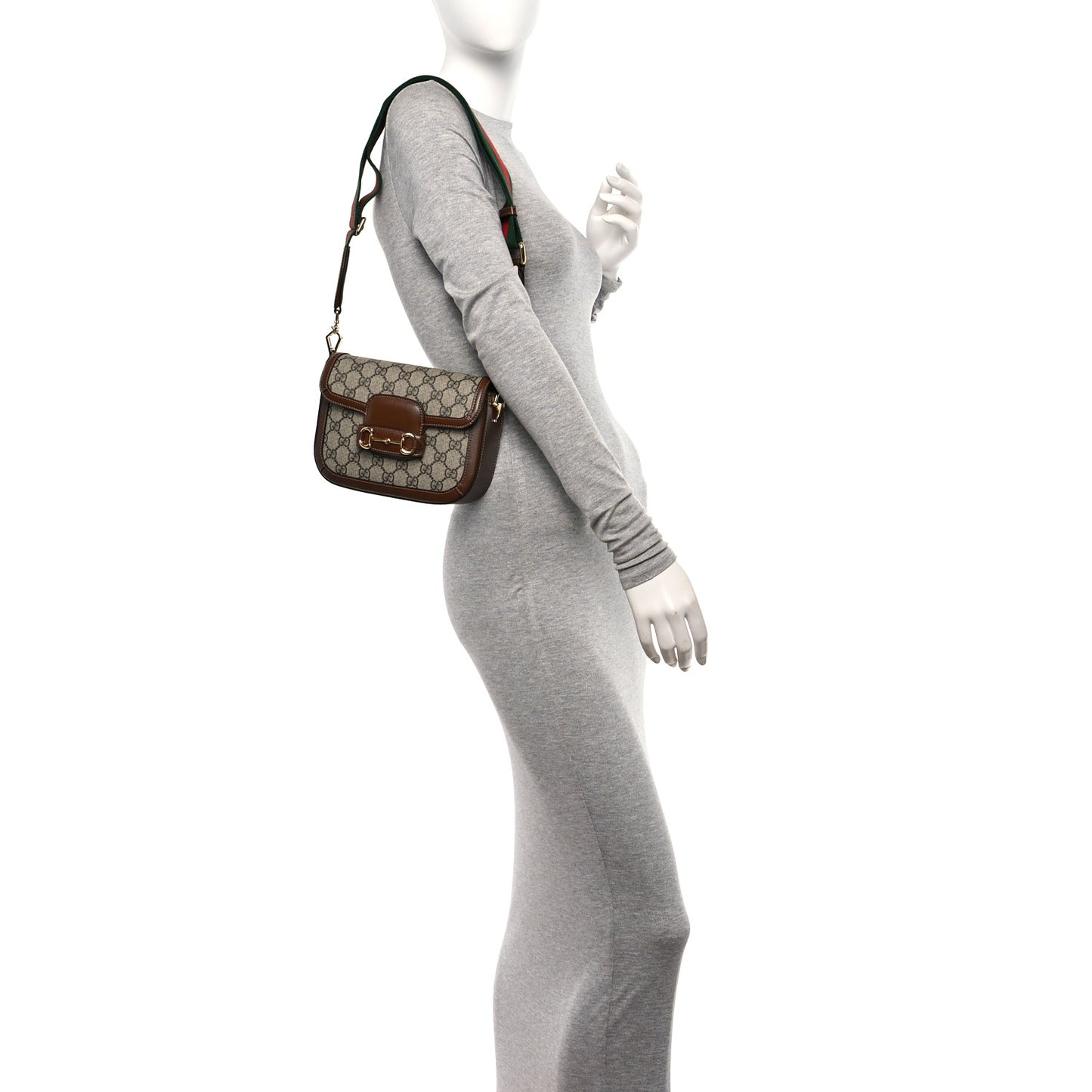GG Supreme Monogram Web Mini Horsebit 1955 Shoulder Bag Beige Brown Sugar