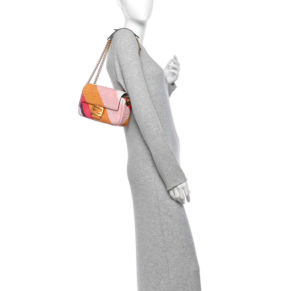 Nappa FF Embossed Line Print Midi Chain Baguette White Multicolor