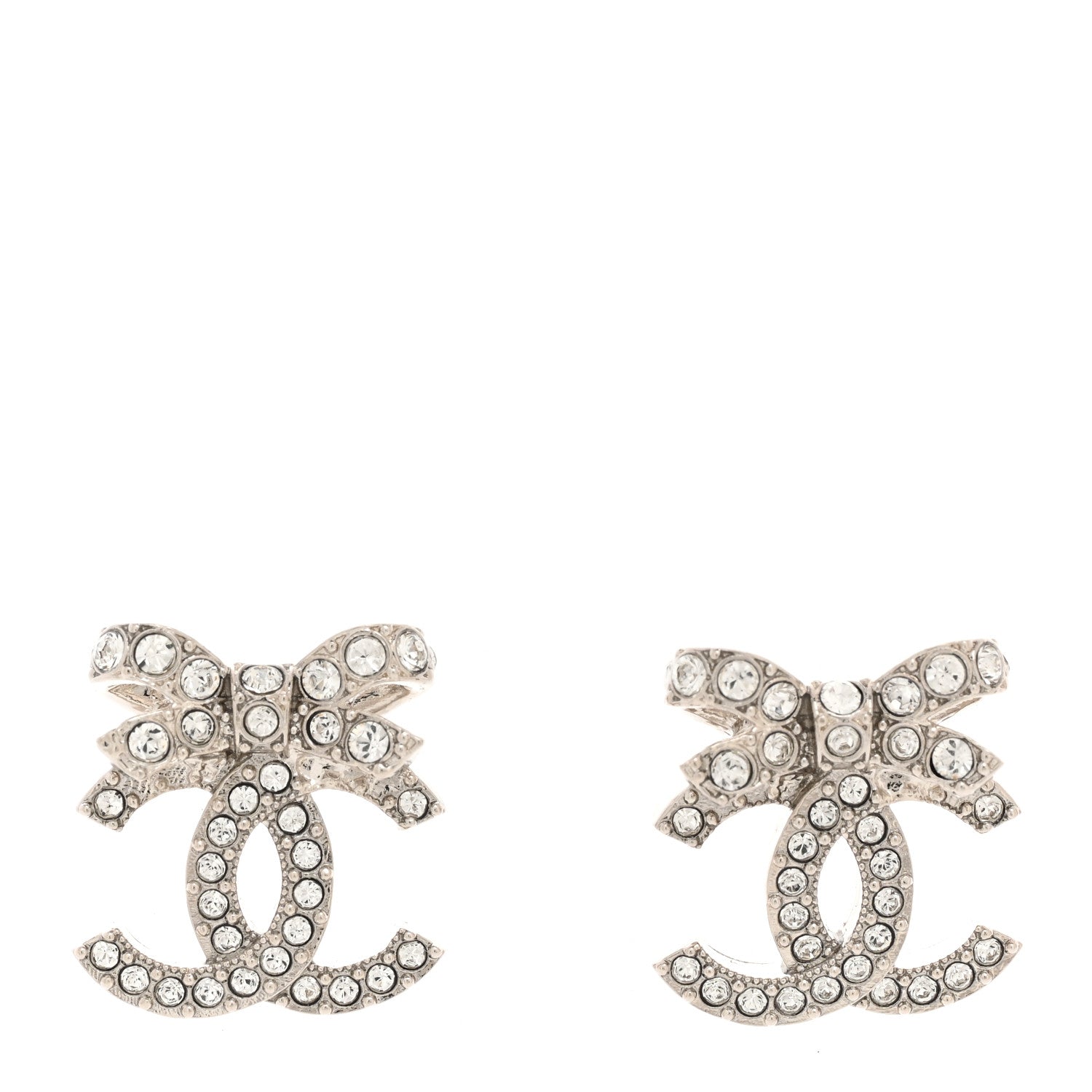 Chanel Crystal CC Bow Dangle Earrings Silver 1 of 5