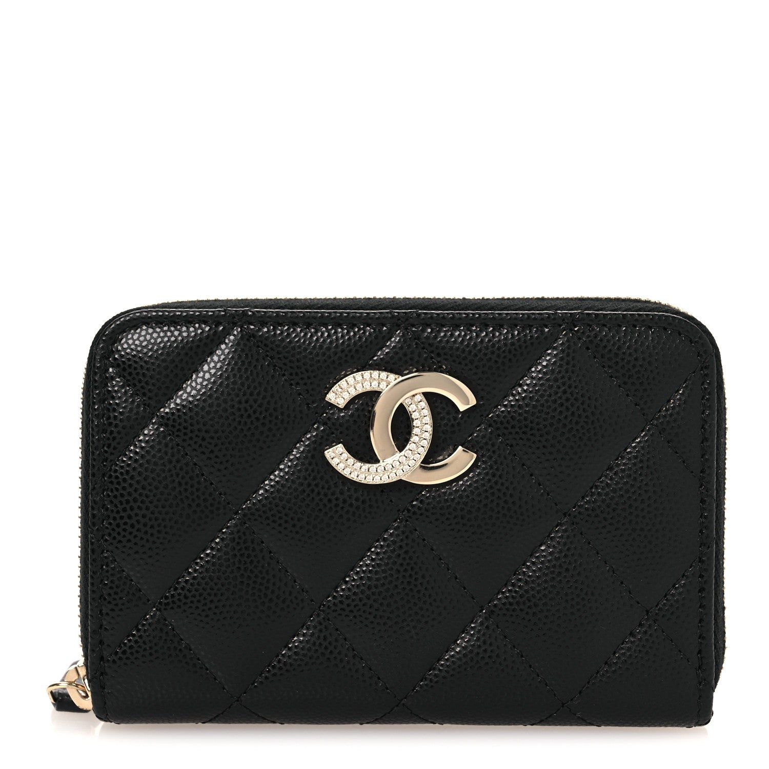 Chanel Caviar Quilted Crystal Zip Around Coin Purse Wallet Black 1 of 9