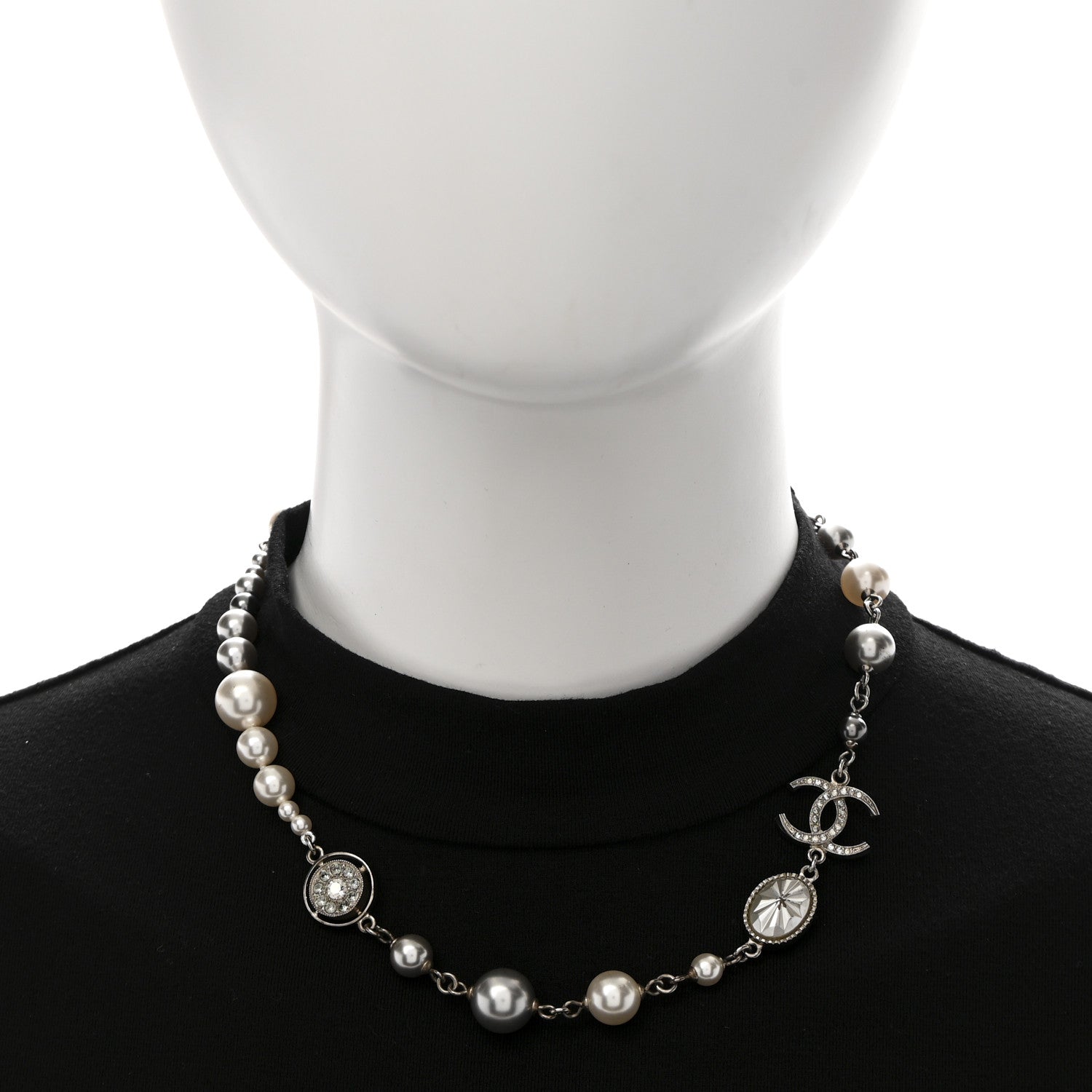 Chanel Pearl Crystal CC Choker Necklace Silver Pearly White 2 of 7