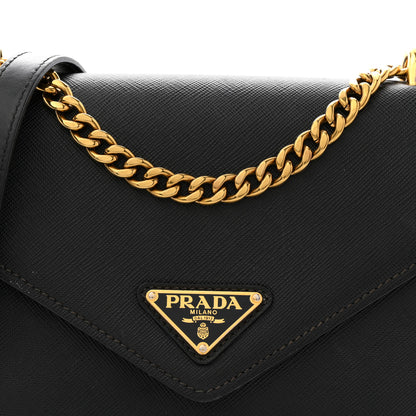 Prada Saffiano Soft Calfskin Metal Triangle Logo Envelope Chain Shoulder Bag Black 8 of 11