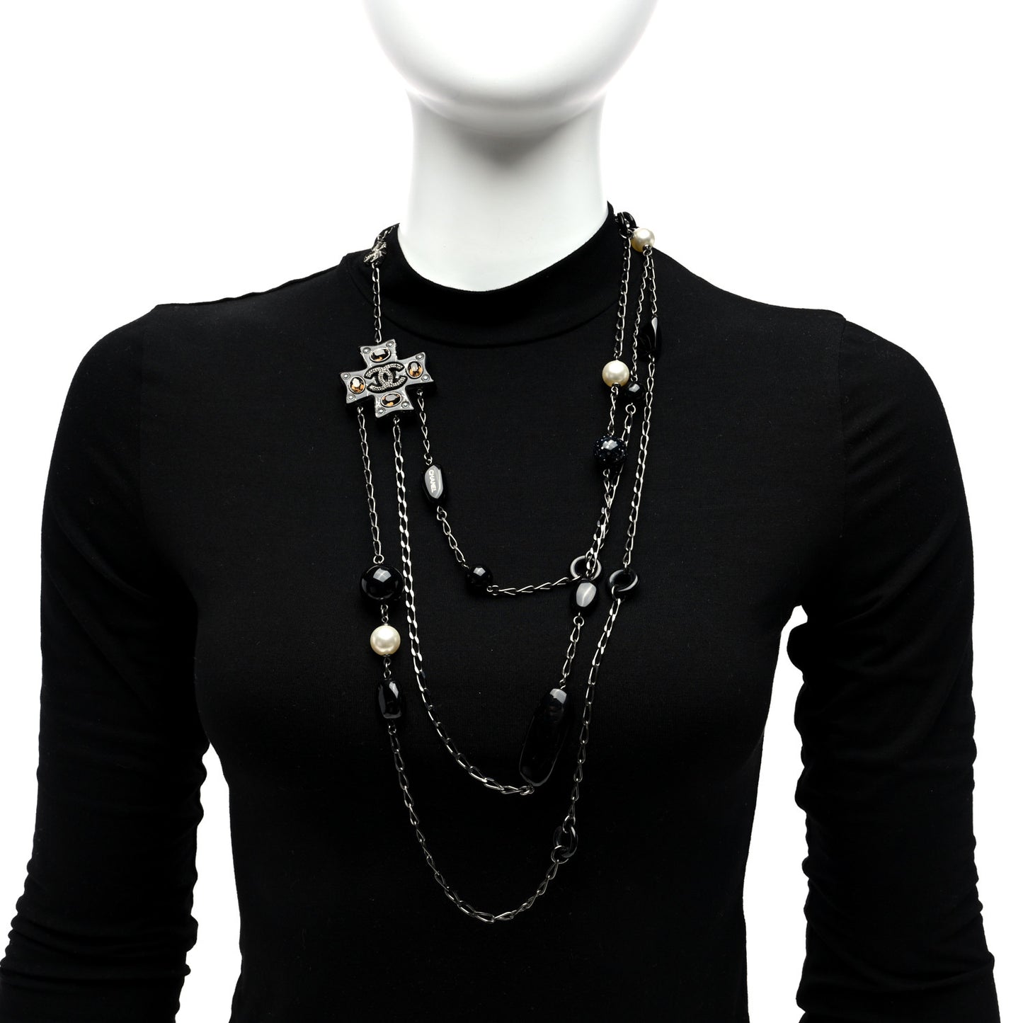 Resin Pearl Beaded CC Cross Multi Strand Long Necklace Ruthenium Black