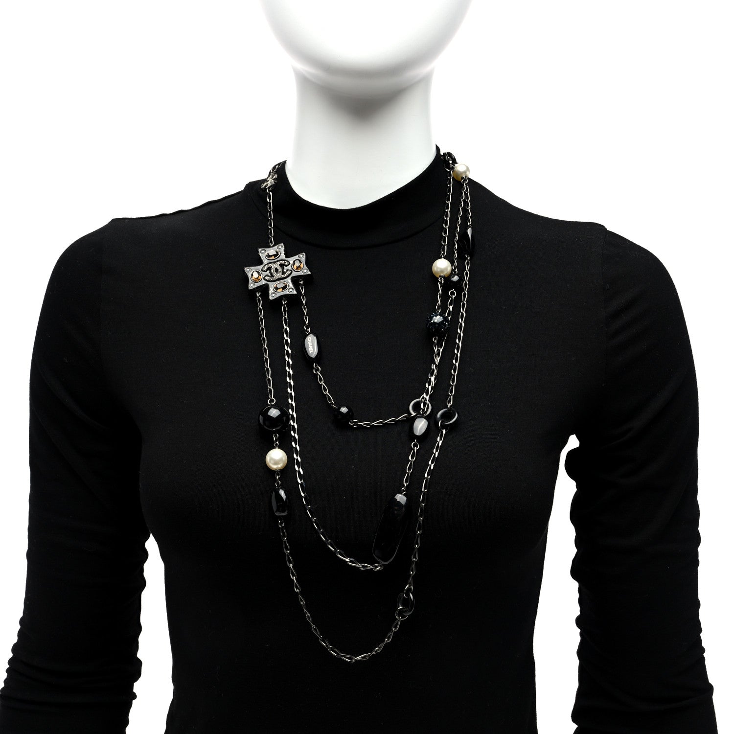 Chanel Resin Pearl Beaded CC Cross Multi Strand Long Necklace Ruthenium Black 2 of 5