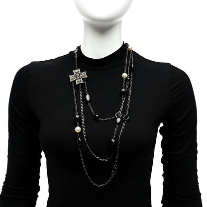 Chanel Resin Pearl Beaded CC Cross Multi Strand Long Necklace Ruthenium Black 2 of 5