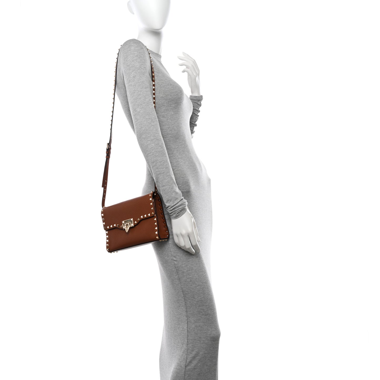 Pebbled Calfskin Medium Rockstud Flip Lock Crossbody Bag Brown