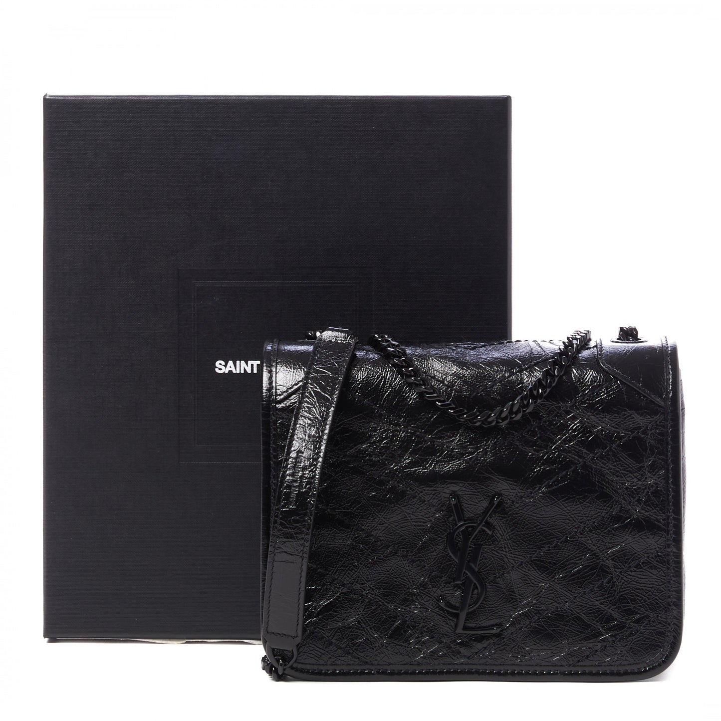 Crinkled Calfskin Matelasse Monogram Niki Chain Wallet Black