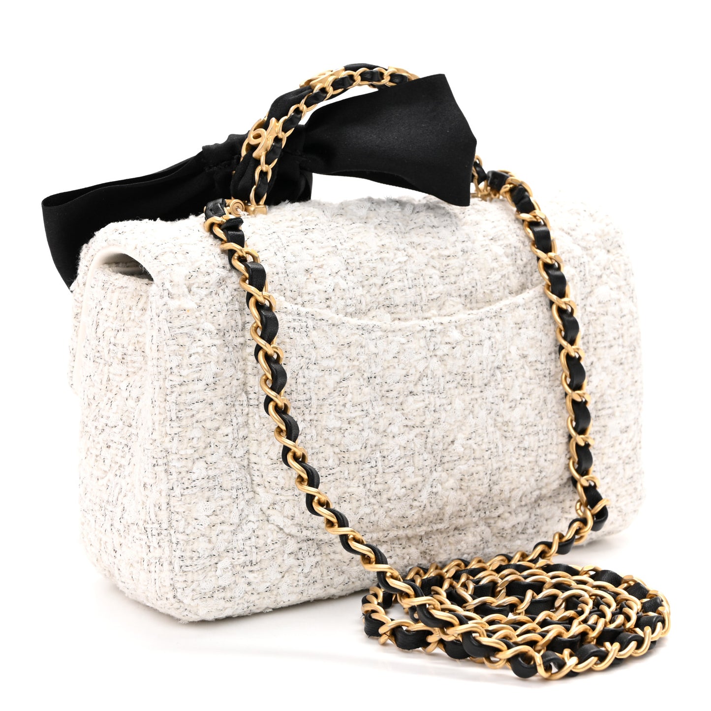 Tweed Quilted Mini Bow Top Handle Rectangular Flap White Black