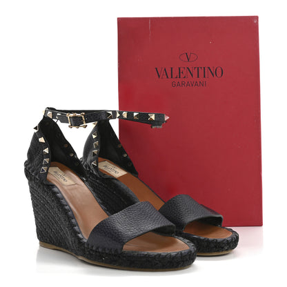 Valentino Garavani Grained Calfskin Rockstud Ankle Strap Espadrille 15/105mm Wedge Sandals 41 Black 14 of 14
