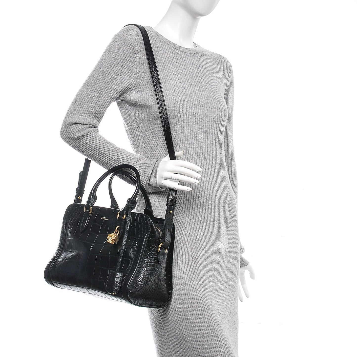 Calfskin Crocodile Embossed Small Skull Padlock Zip Around Tote Black