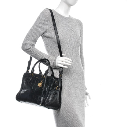 Alexander McQueen Calfskin Crocodile Embossed Small Skull Padlock Zip Around Tote Black 2 of 6