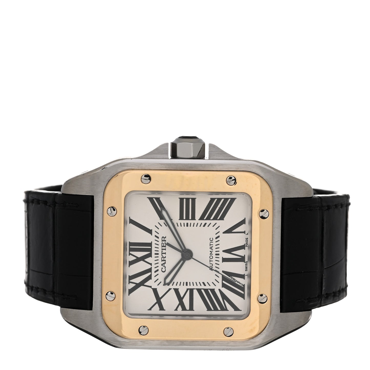 Stainless Steel 18K Yellow Gold Alligator 38mm Santos 100 Automatic Watch