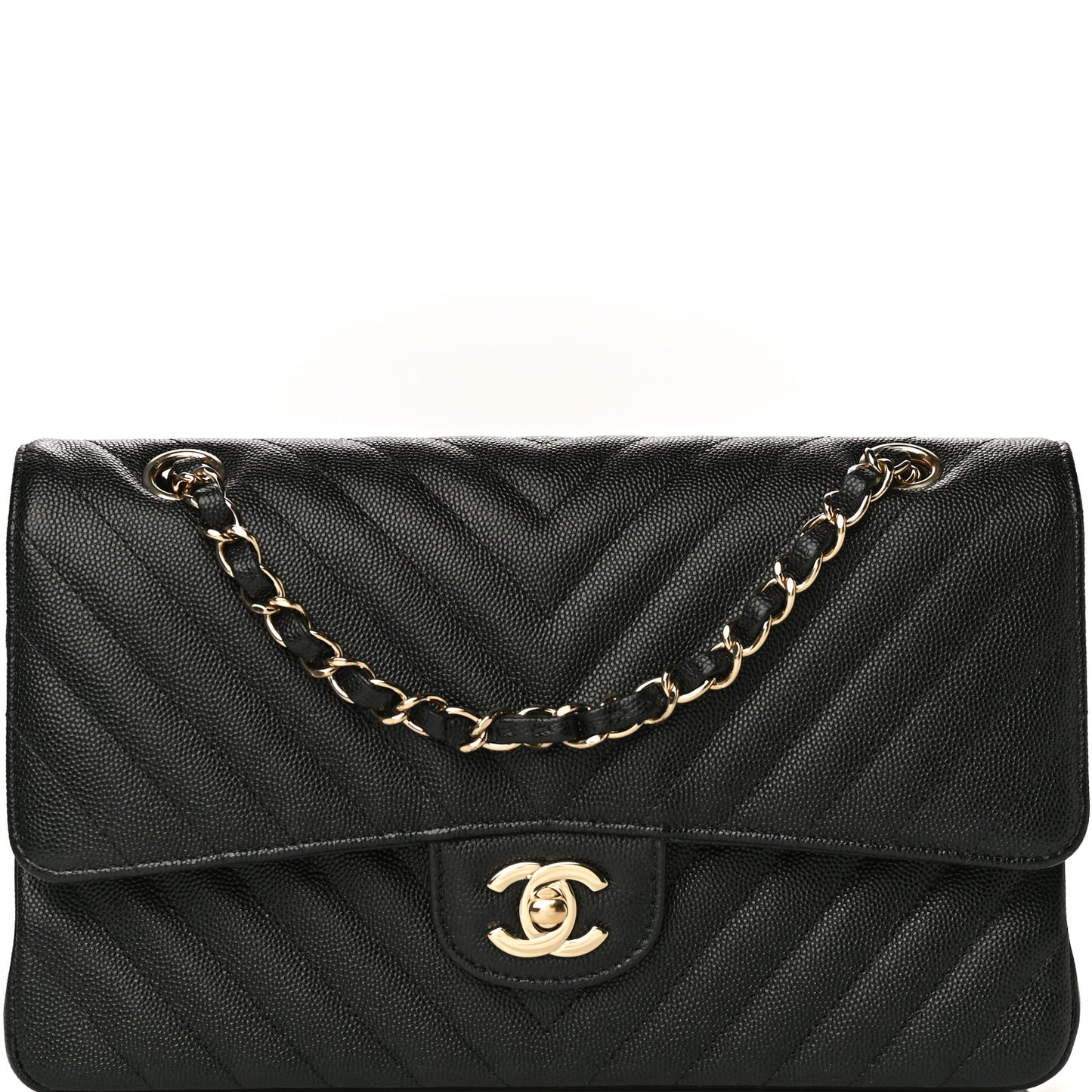 Caviar Chevron Quilted Medium Double Flap Black