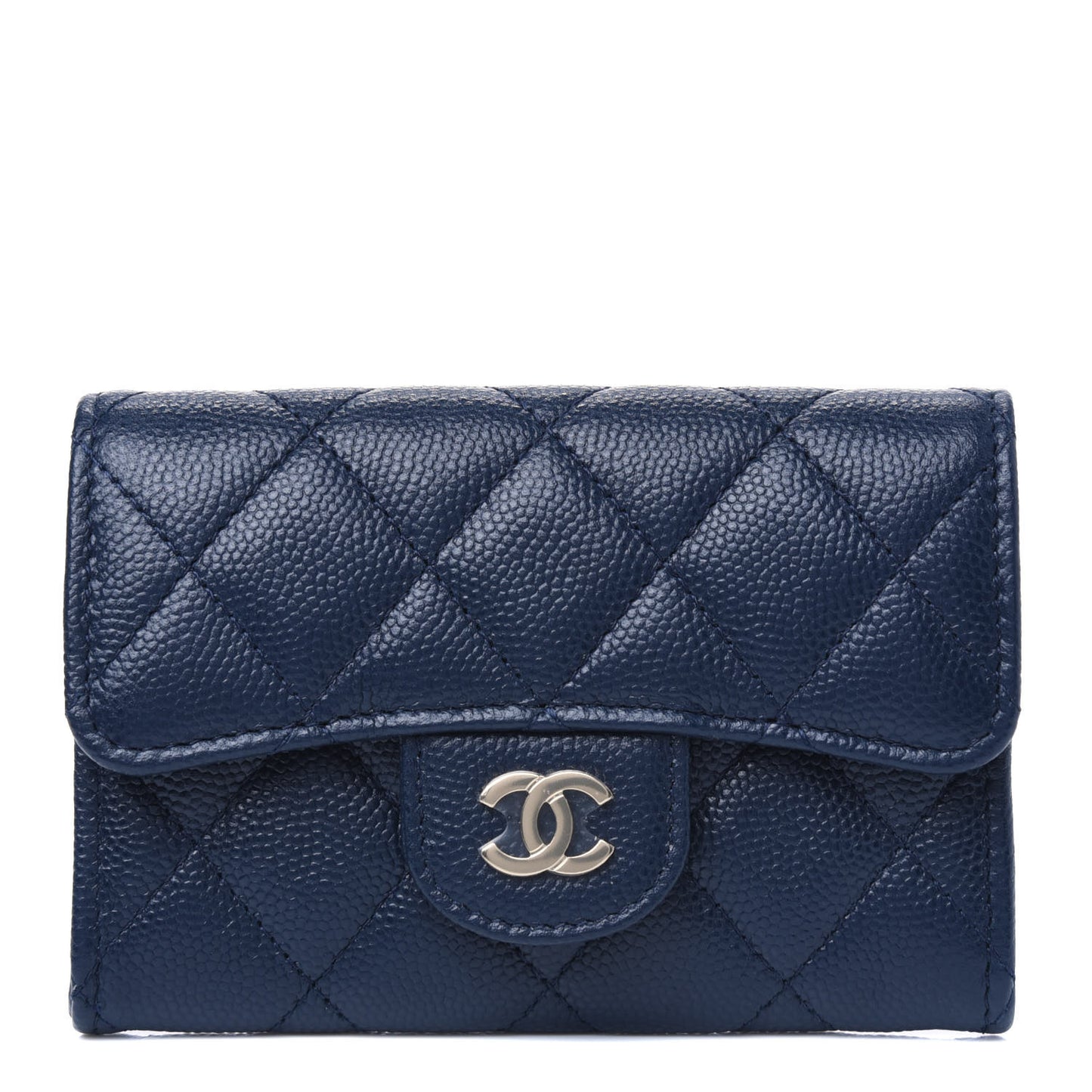 Caviar Quilted Flap Card Holder Wallet Navy Blue