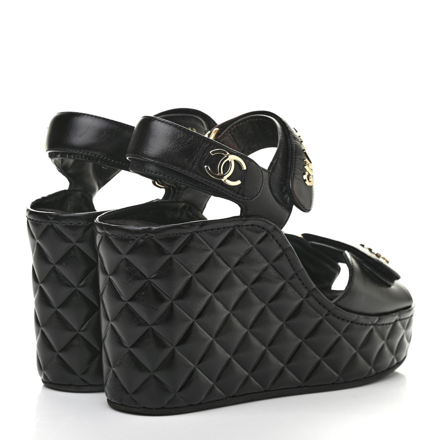 Shiny Calfskin Quilted Wedge Sandals 38 Black