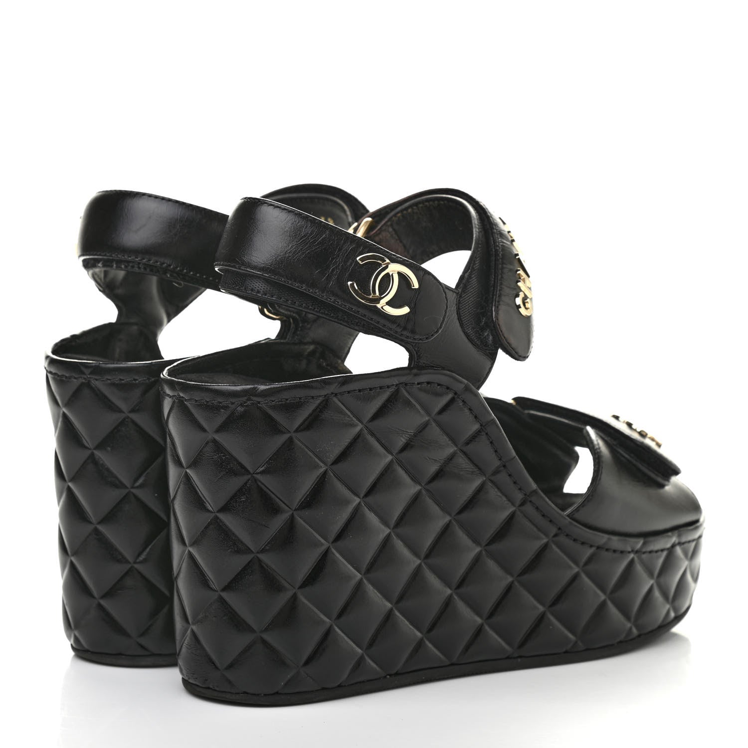 Chanel Shiny Calfskin Quilted Wedge Sandals 38 Black 4 of 9
