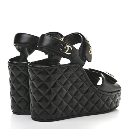 Chanel Shiny Calfskin Quilted Wedge Sandals 38 Black 4 of 9