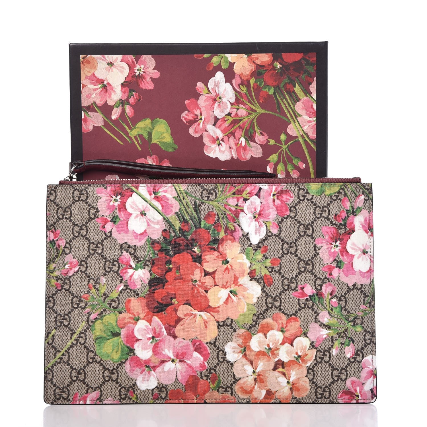 Gucci GG Supreme Monogram Blooms Suede Large Zip Pouch Beige Multicolor Dry Rose 7 of 7