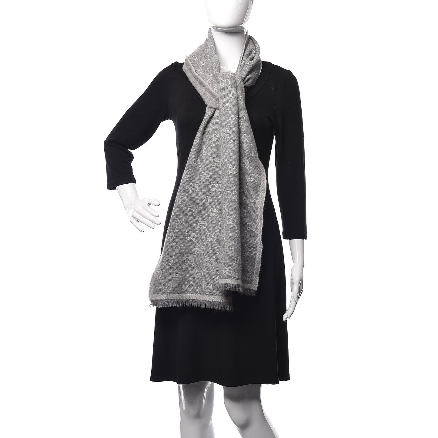 Wool Angora Monogram Fringe Scarf Gray