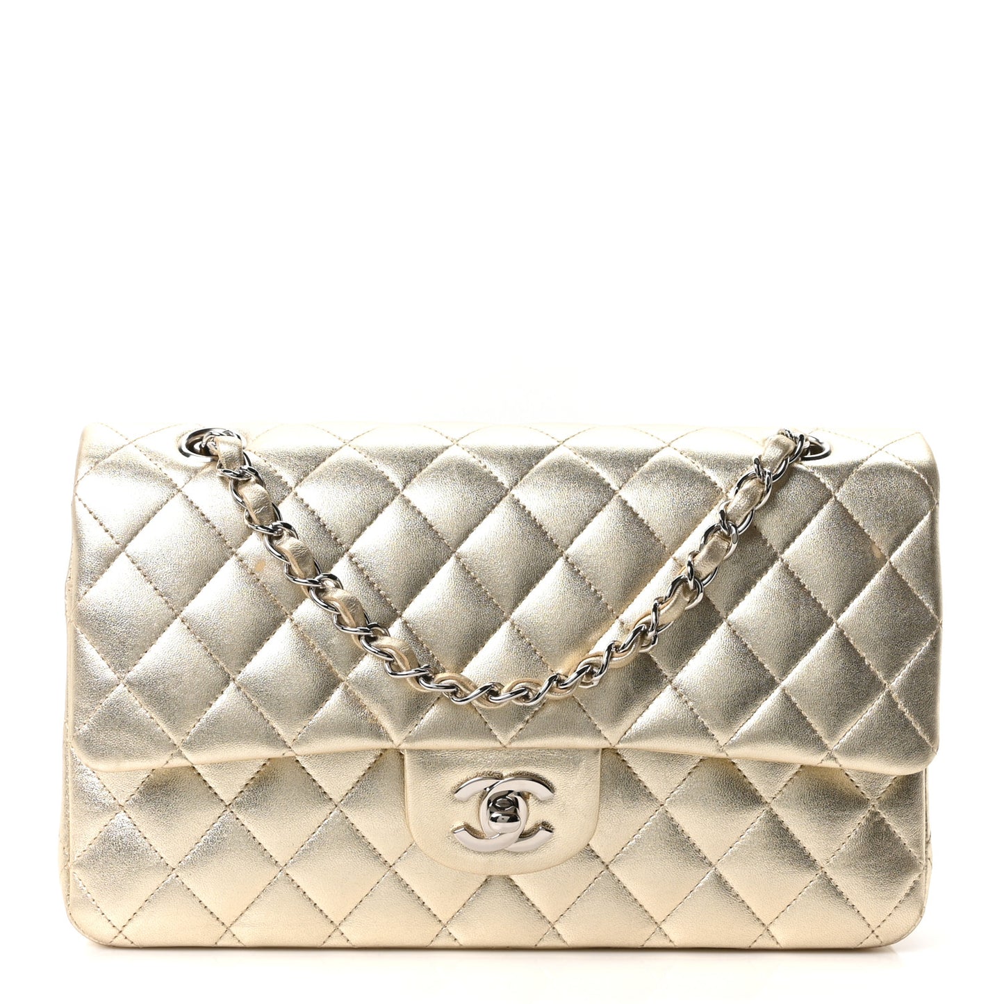 Metallic Lambskin Quilted Medium Double Flap Pale Gold
