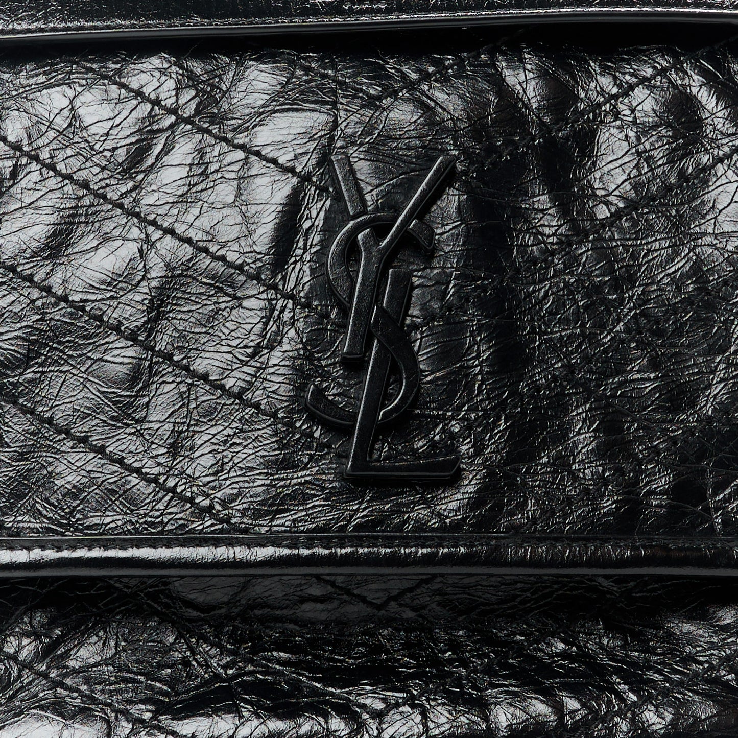 Crinkled Calfskin Matelasse Monogram Medium Niki Chain Satchel Black