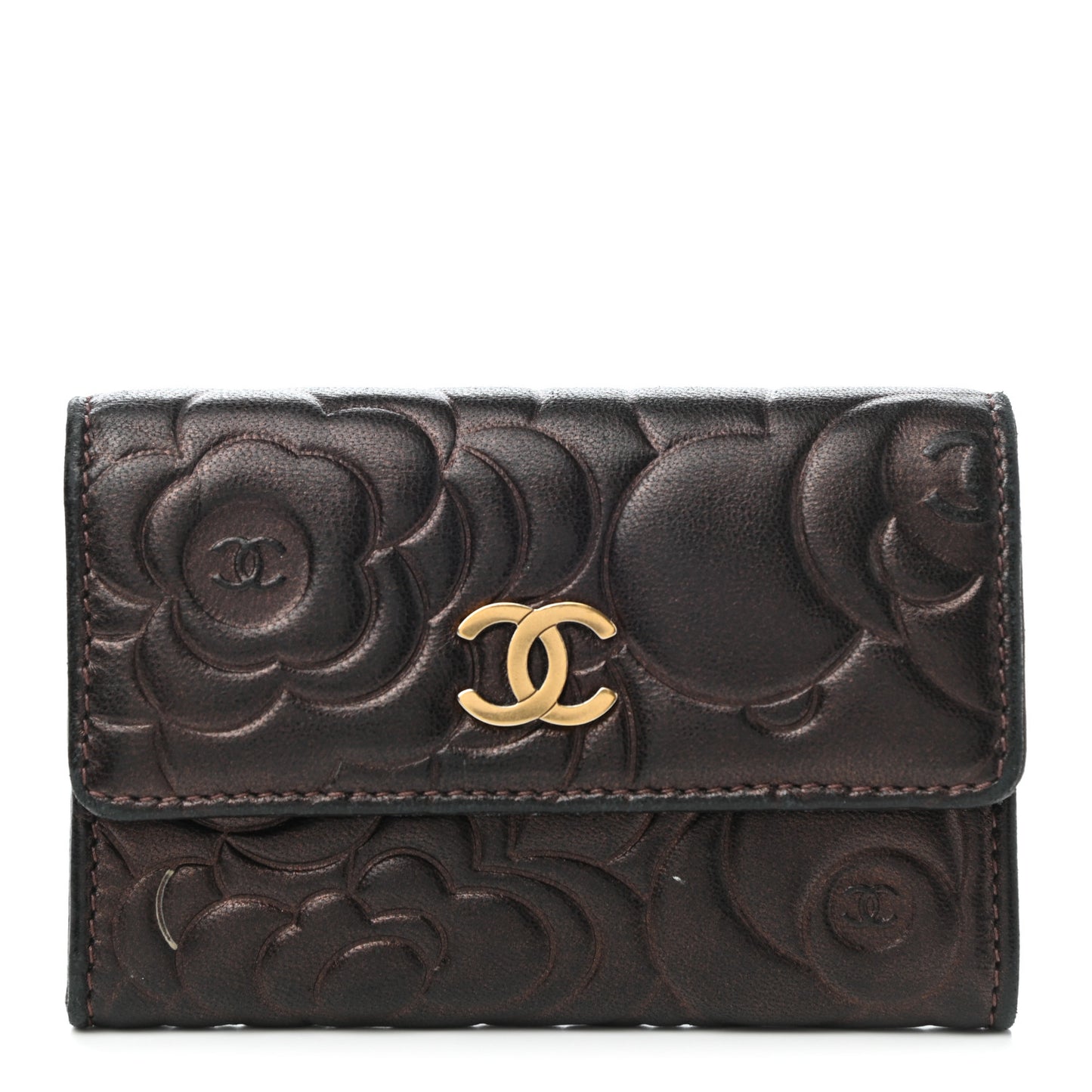 Metallic Goatskin Camellia Embossed Flap Card Holder Wallet Brown