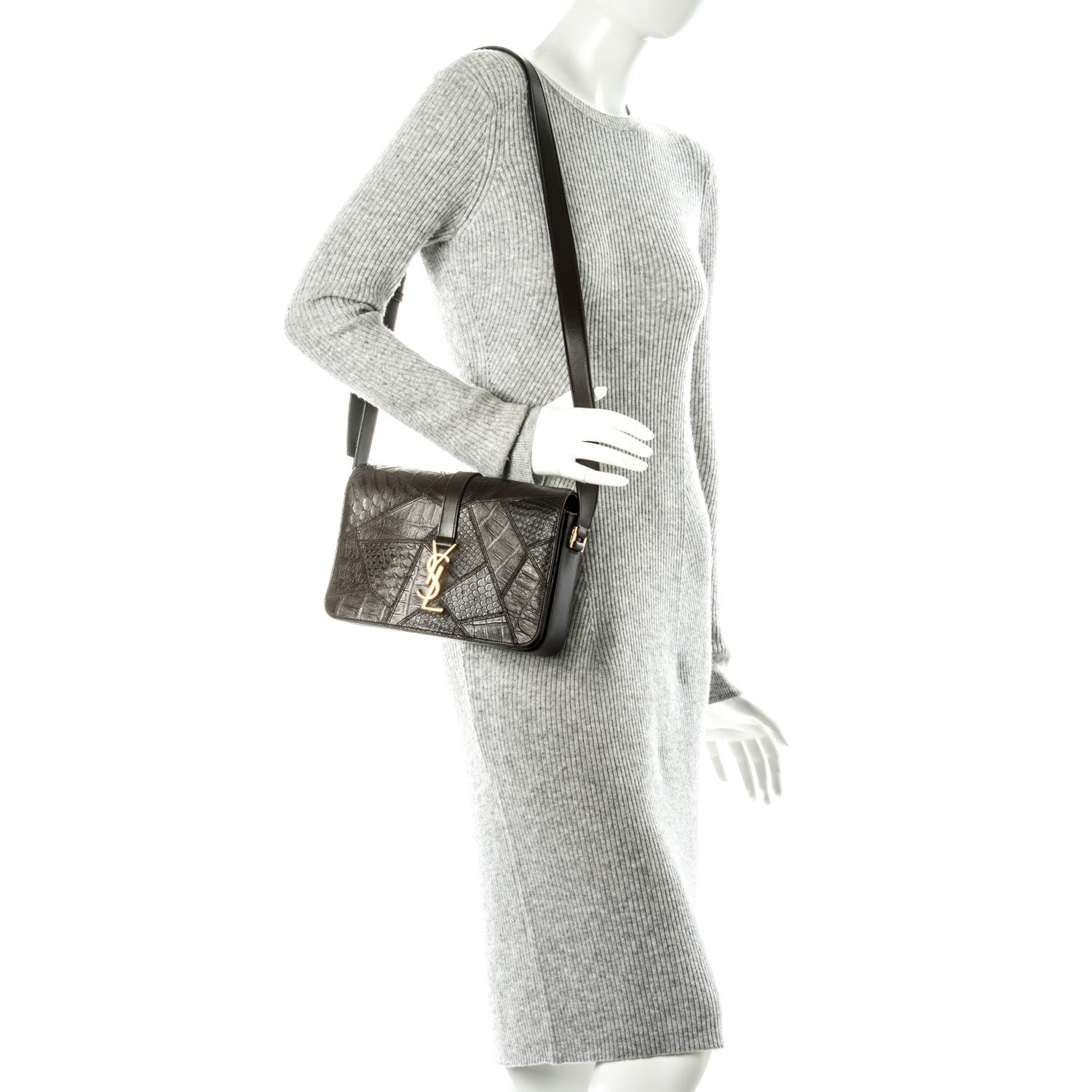 Saint Laurent Reptile Calfskin Embossed Medium Patchwork Animal Monogram Universite Bag Brown 2 of 8