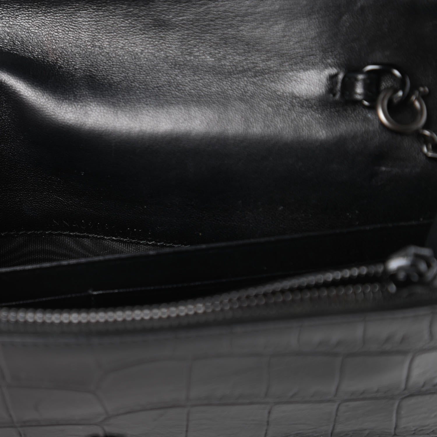 Saint Laurent Calfskin Crocodile Embossed Monogram Envelope Chain Wallet Black 9 of 10