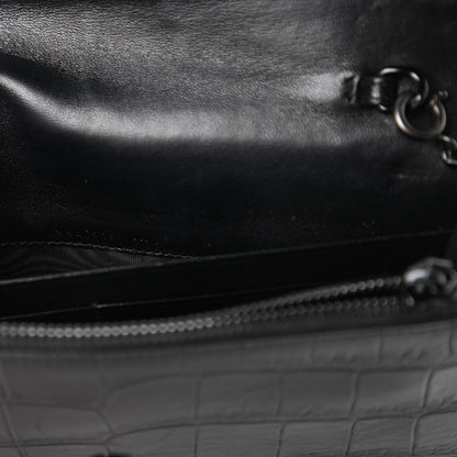Saint Laurent Calfskin Crocodile Embossed Monogram Envelope Chain Wallet Black 9 of 10
