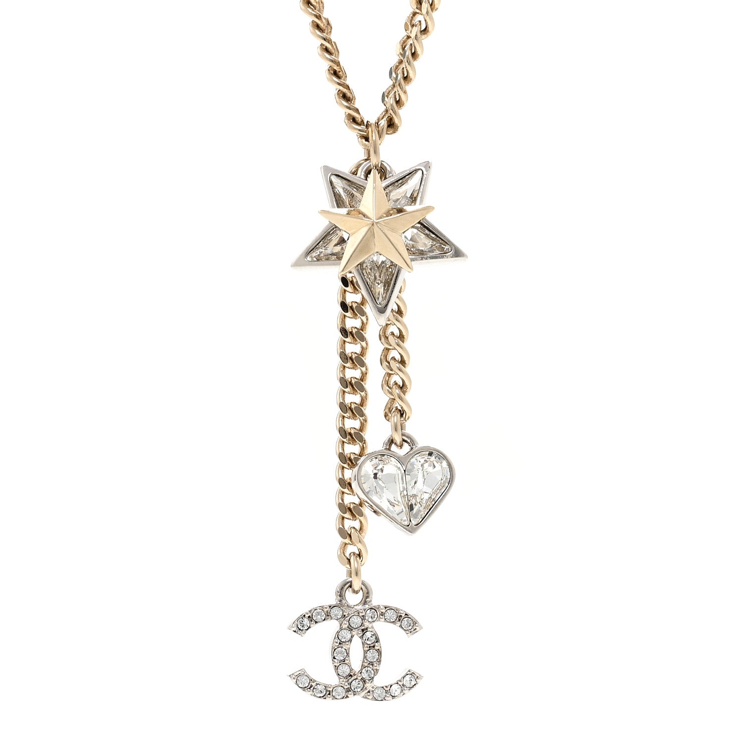 Chanel Crystal Star Heart CC Pendant Necklace Gold 4 of 5