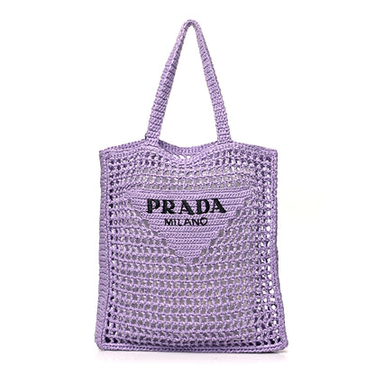 Prada Yarn Raffia Effect Crochet Logo Embroidered Tote Bag Lilium 1 of 11