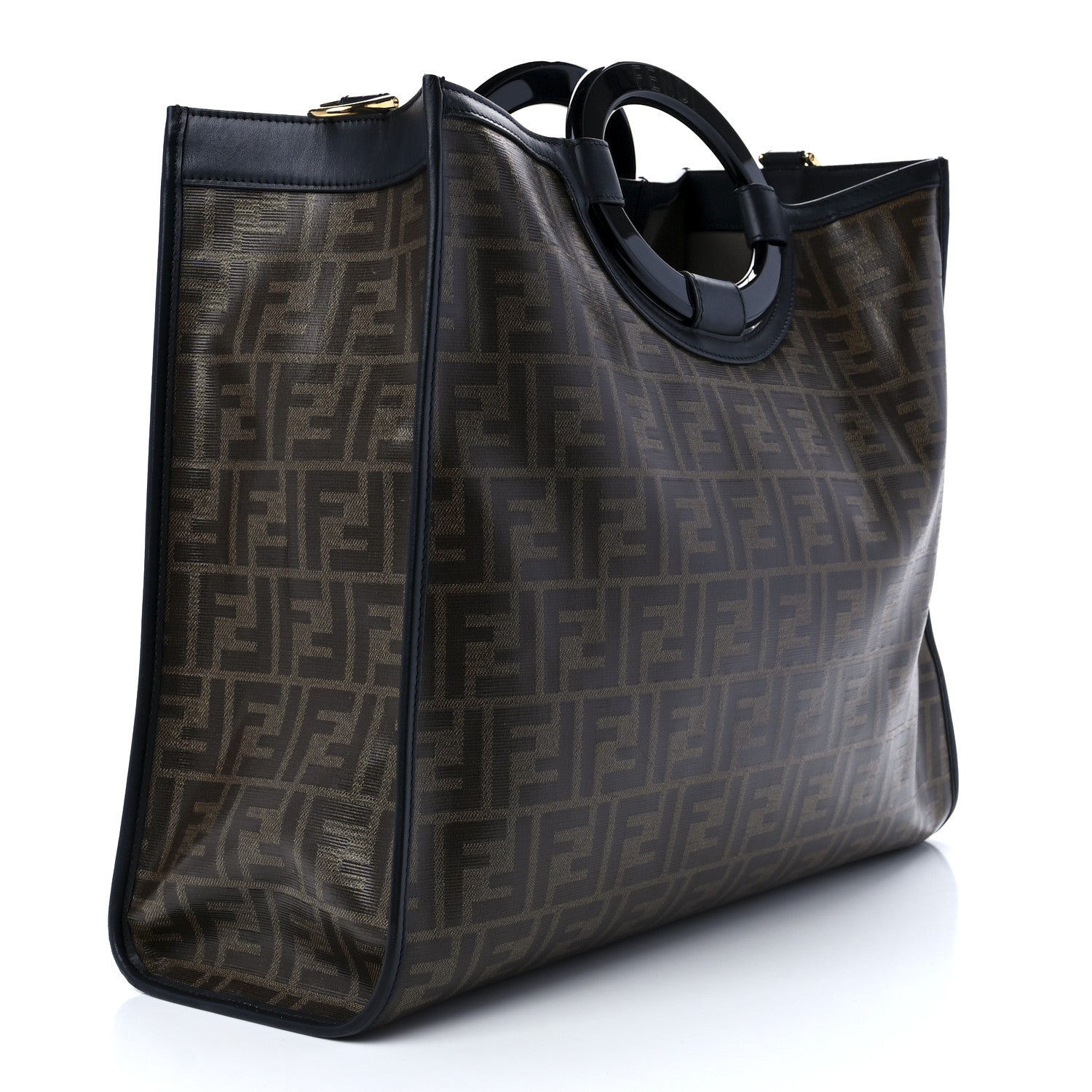 Fendi Glazed Fabric Vitello Century Plexiglass FF 1974 Stamp Patch Medium Runaway Shopper Tote Mogano Panna Black 3 of 14