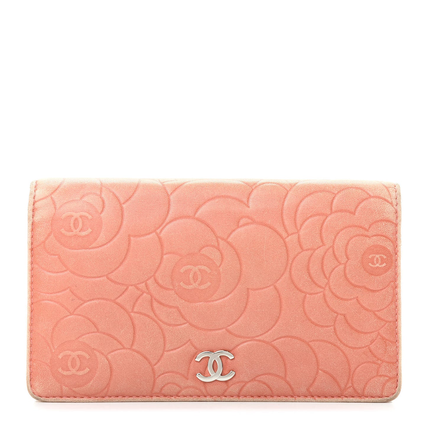 Lambskin Camellia Embossed Yen Wallet Pink
