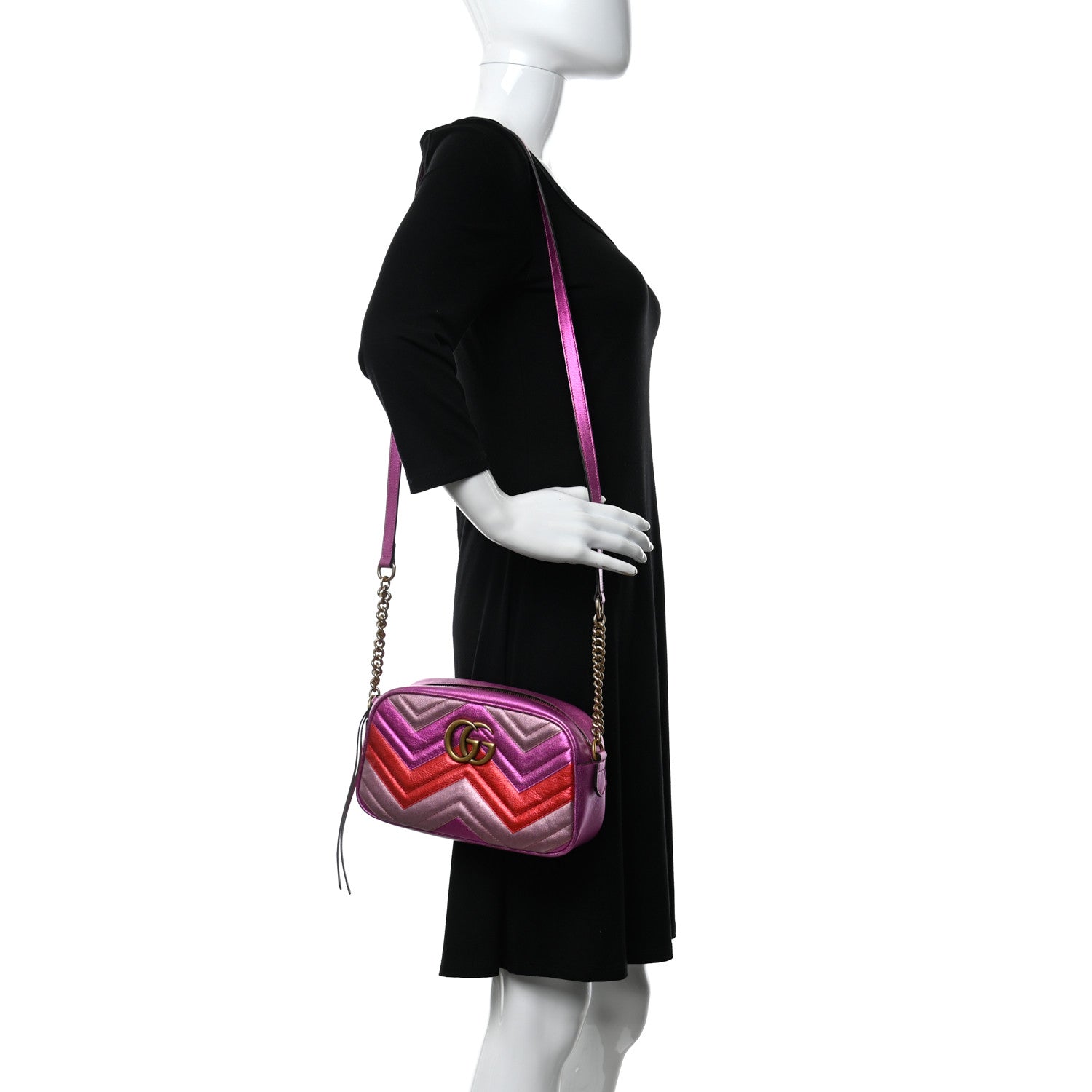 Gucci Laminated Nappa Matelasse Small GG Marmont Chain Shoulder Bag Fuxia Rosso Rosa 2 of 10