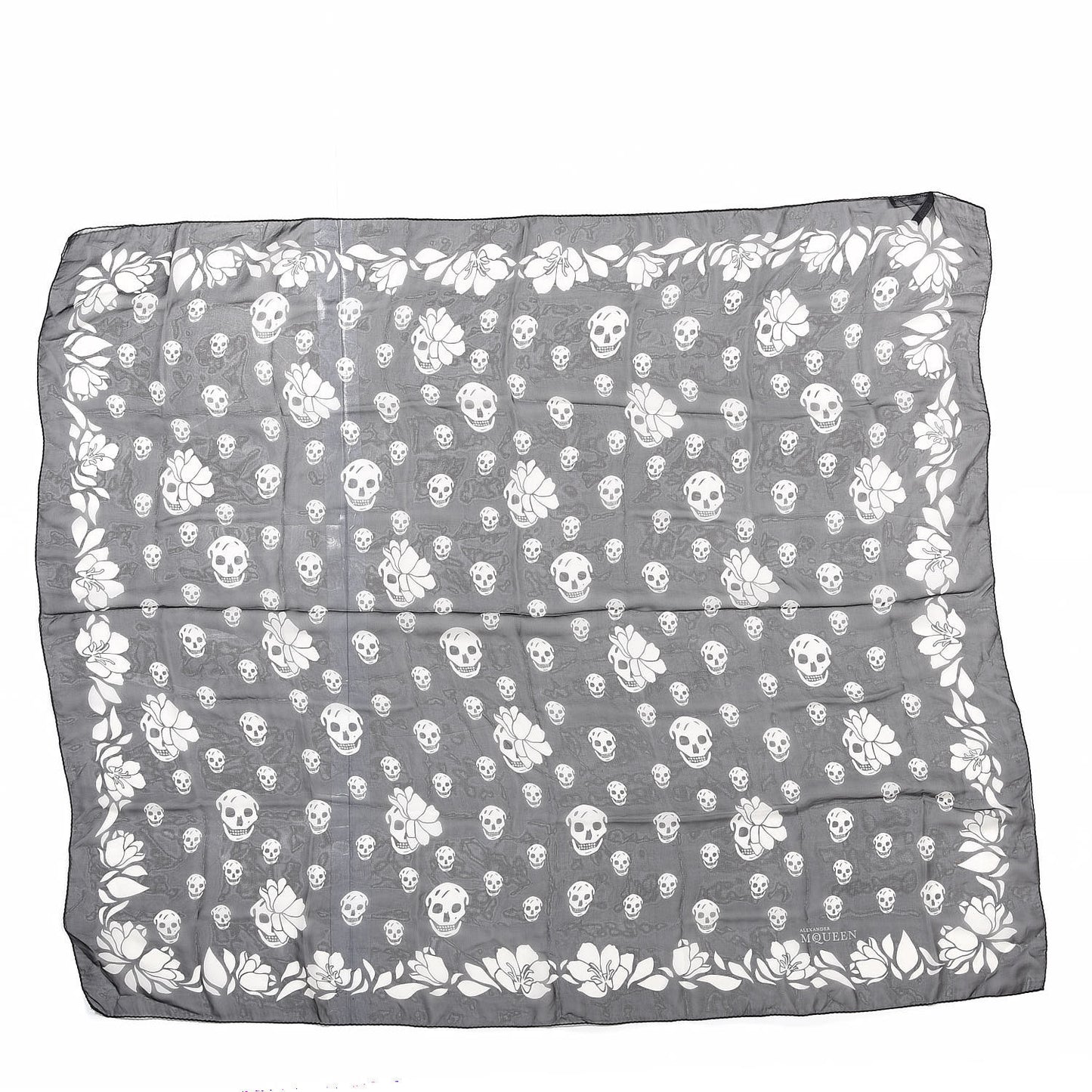 Silk Chiffon Tulip Skull Scarf Black Ivory