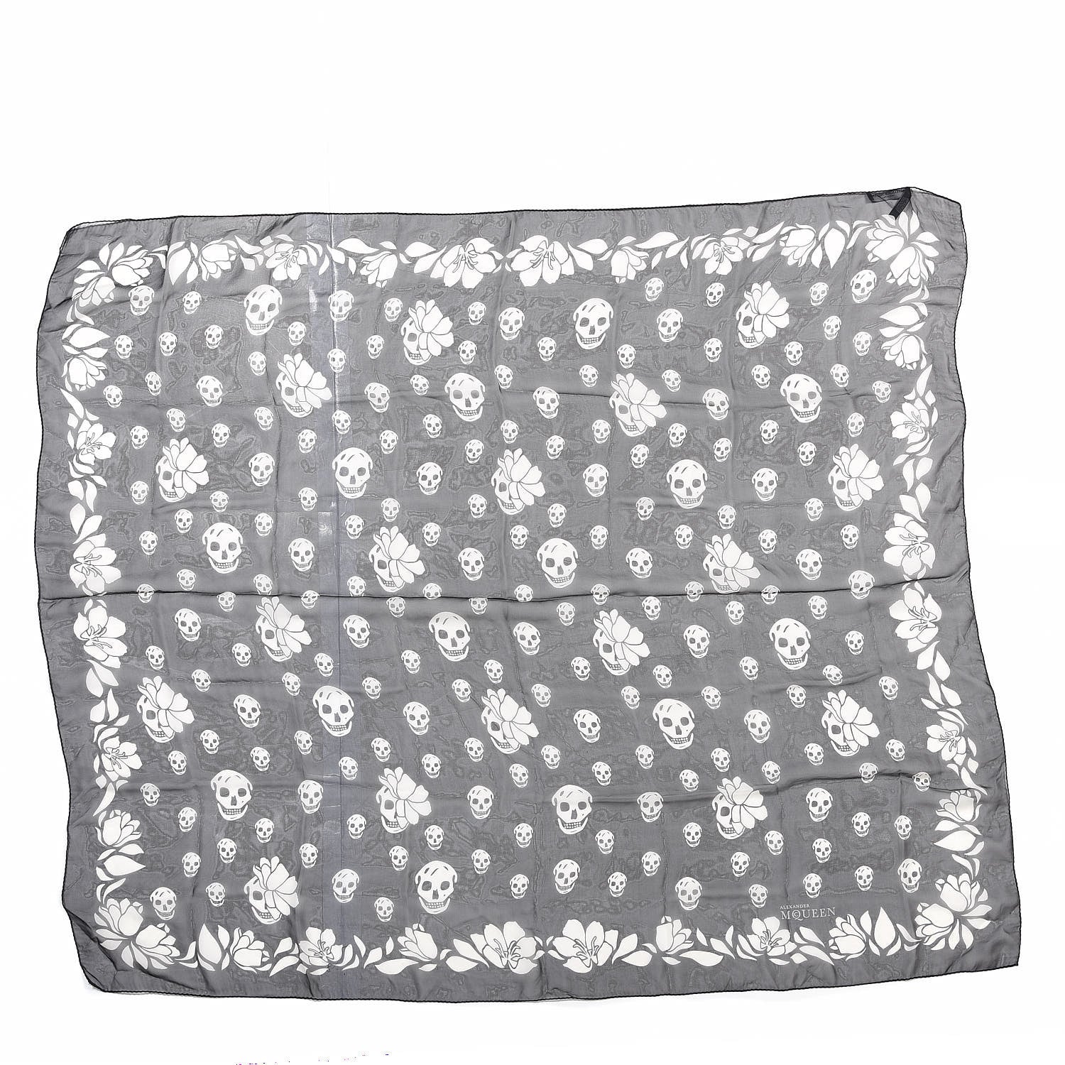 Alexander McQueen Silk Chiffon Tulip Skull Scarf Black Ivory 1 of 3