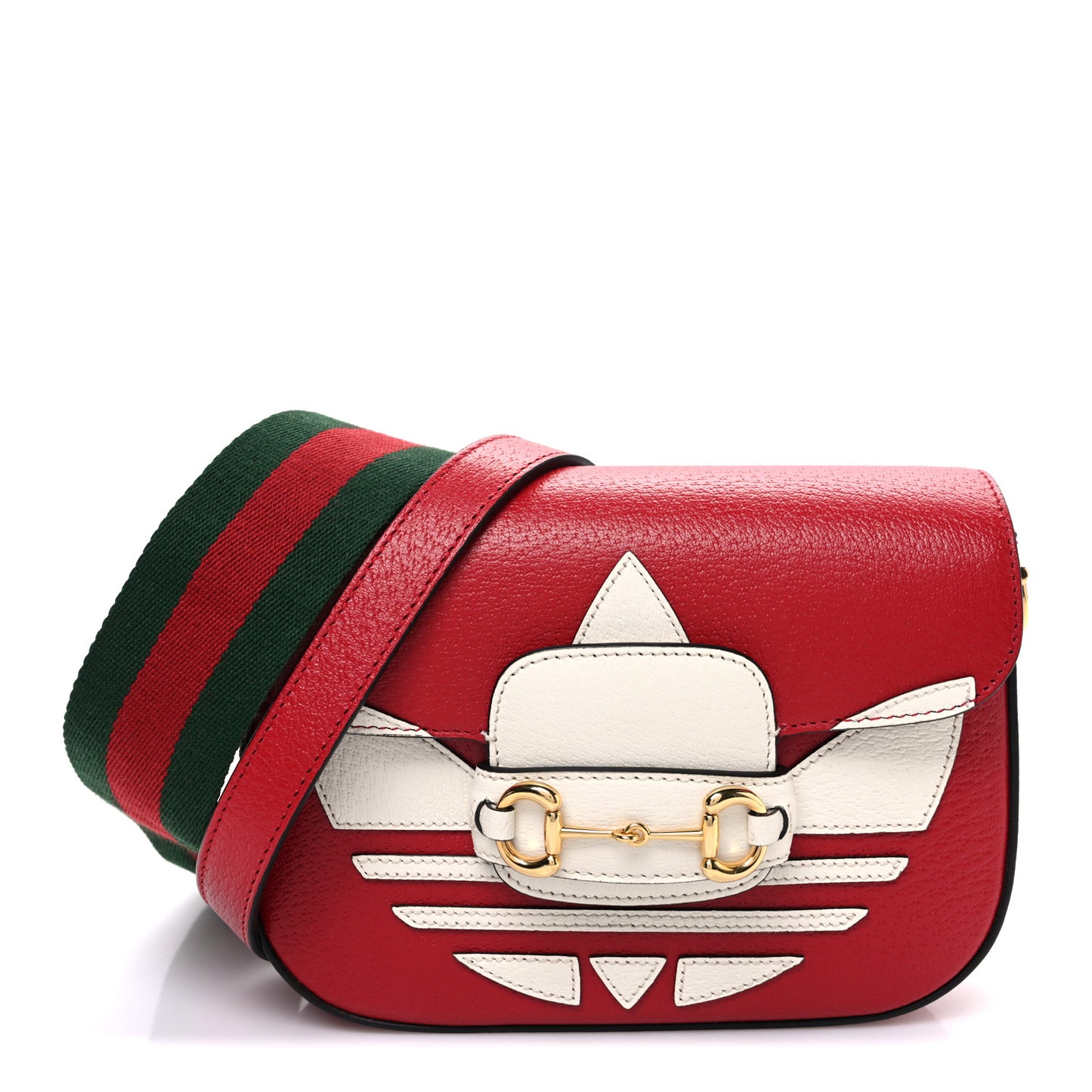 X ADIDAS Textured Dollar Calfskin Web Trefoil Mini Horsebit 1955 Shoulder Bag Hibiscus Red Off White