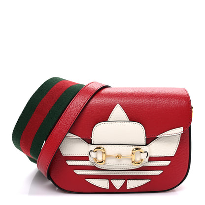 Gucci X ADIDAS Textured Dollar Calfskin Web Trefoil Mini Horsebit 1955 Shoulder Bag Hibiscus Red Off White 1 of 9