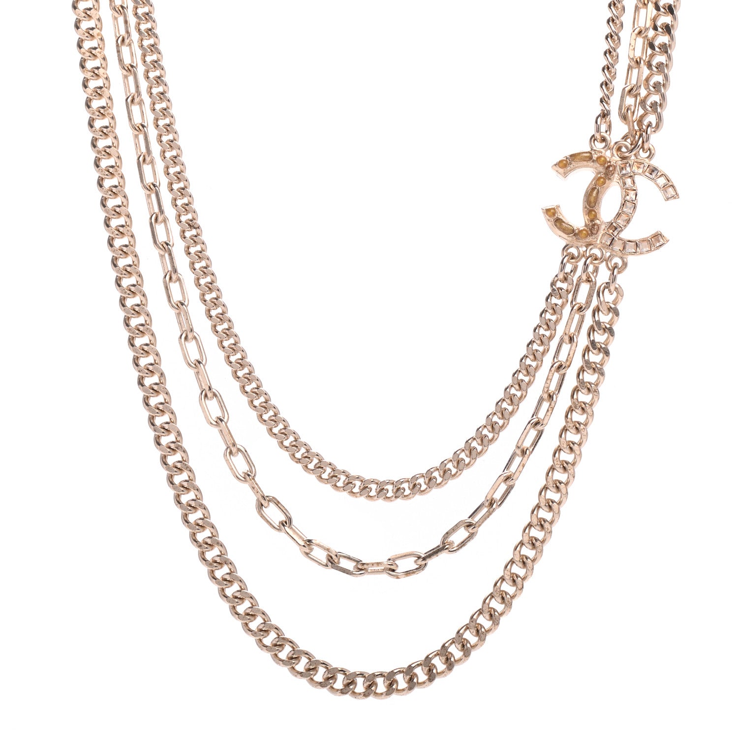 Chanel Baguette Crystal Gripoix Poured Glass CC Multi Strand Chain Necklace Light Gold 1 of 6
