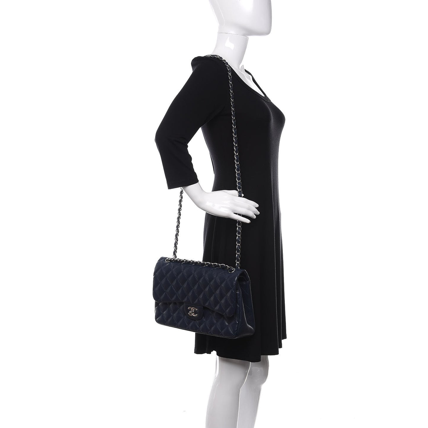 Caviar Quilted Jumbo Double Flap Navy Blue
