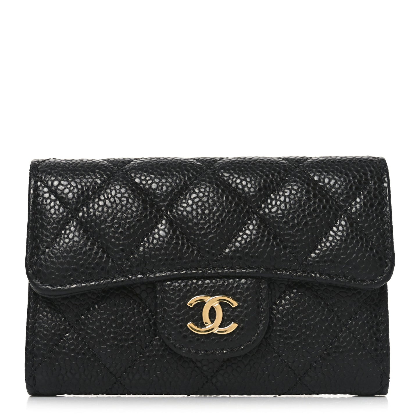 Caviar Quilted Flap Card Holder Wallet Black