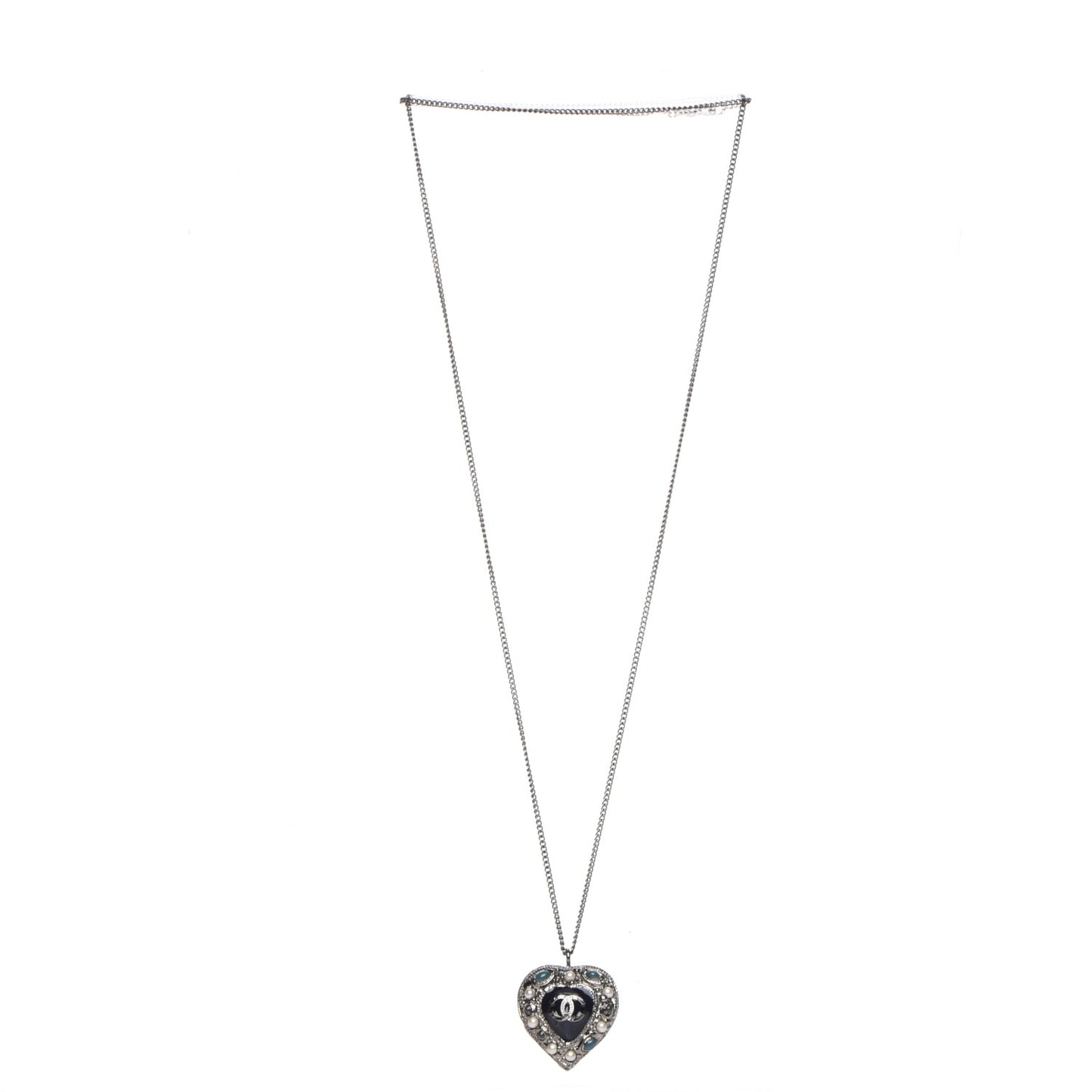 Pearl Enamel Heart CC Necklace Pendant Silver