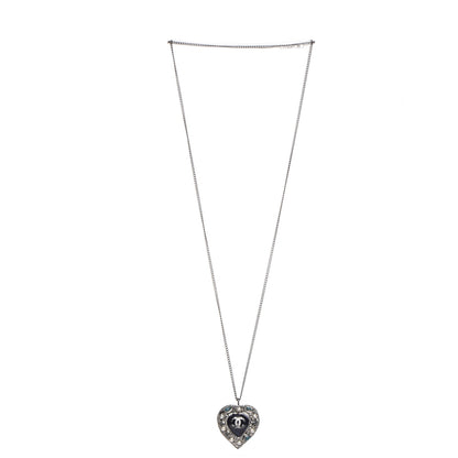 Chanel Pearl Enamel Heart CC Necklace Pendant Silver 3 of 6