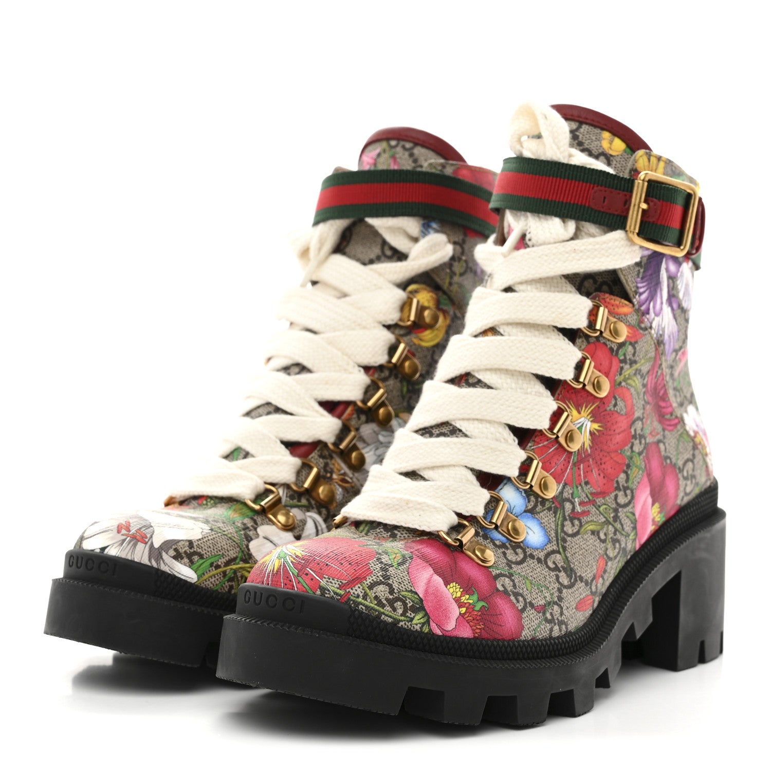 Gucci GG Supreme Monogram Flora Lace Up Combat Ankle Boots 37.5 Beige Multicolor Red 4 of 9