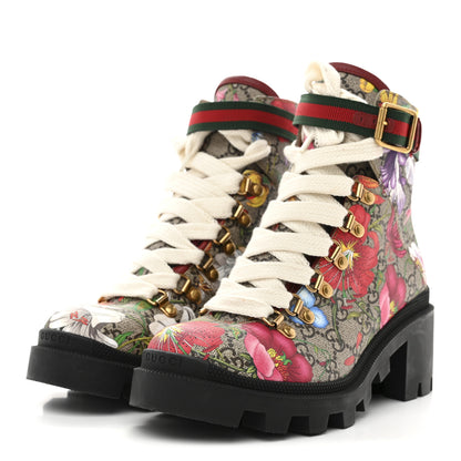 Gucci GG Supreme Monogram Flora Lace Up Combat Ankle Boots 37.5 Beige Multicolor Red 4 of 9