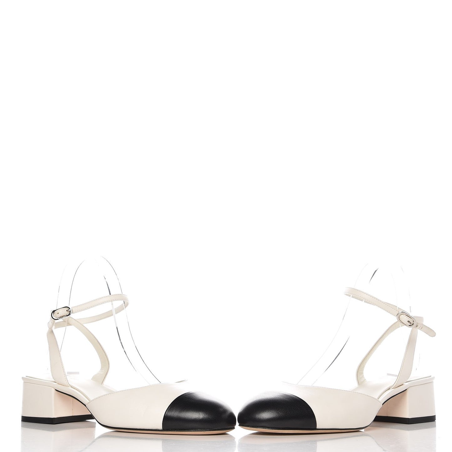 Lambskin Cap Toe CC Ankle Strap Sandals 38.5 White Black
